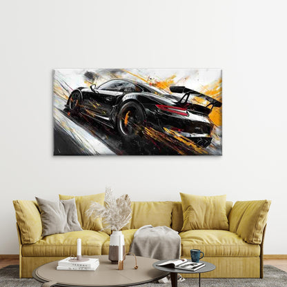 Black Sports Car in Motion Wall Art Canvas Office Home Room Framed 120x60cm