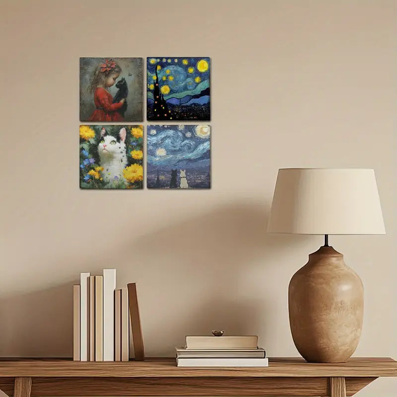 4pcs Cute Cat Decoration Orange Cat With Girl Wall Art Canvas Framed