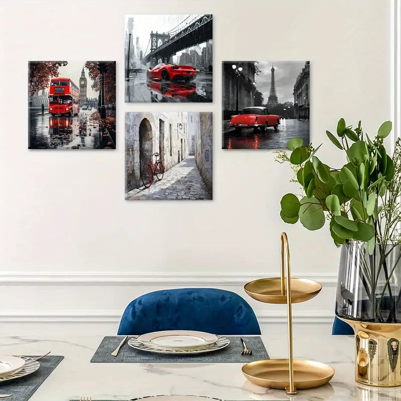 4pcs Red Double-Decker Bus, London  Wall Art Canvas Framed