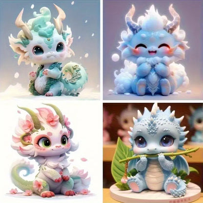 4pcs Little White Blue And Green Dragon Cutee Wall Art Canvas Framed