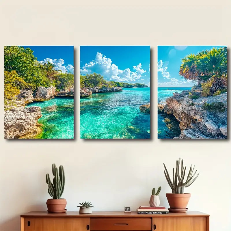 3pcs Coastal Lagoon Turquoise Water Wall Art Set Canvas Framed 40x60cm - High Quality Print 100% Australian Made Wall Canvas Ready to Hang - Bella Home Decor