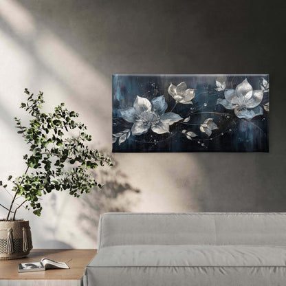 Silver Floral Metallic Blossom Wall Art Canvas Office Home Room Framed 120x60cm