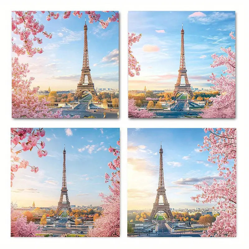 4pcs  Eiffel Tower cherry blossoms  rt    Wall Art Canvas Framed