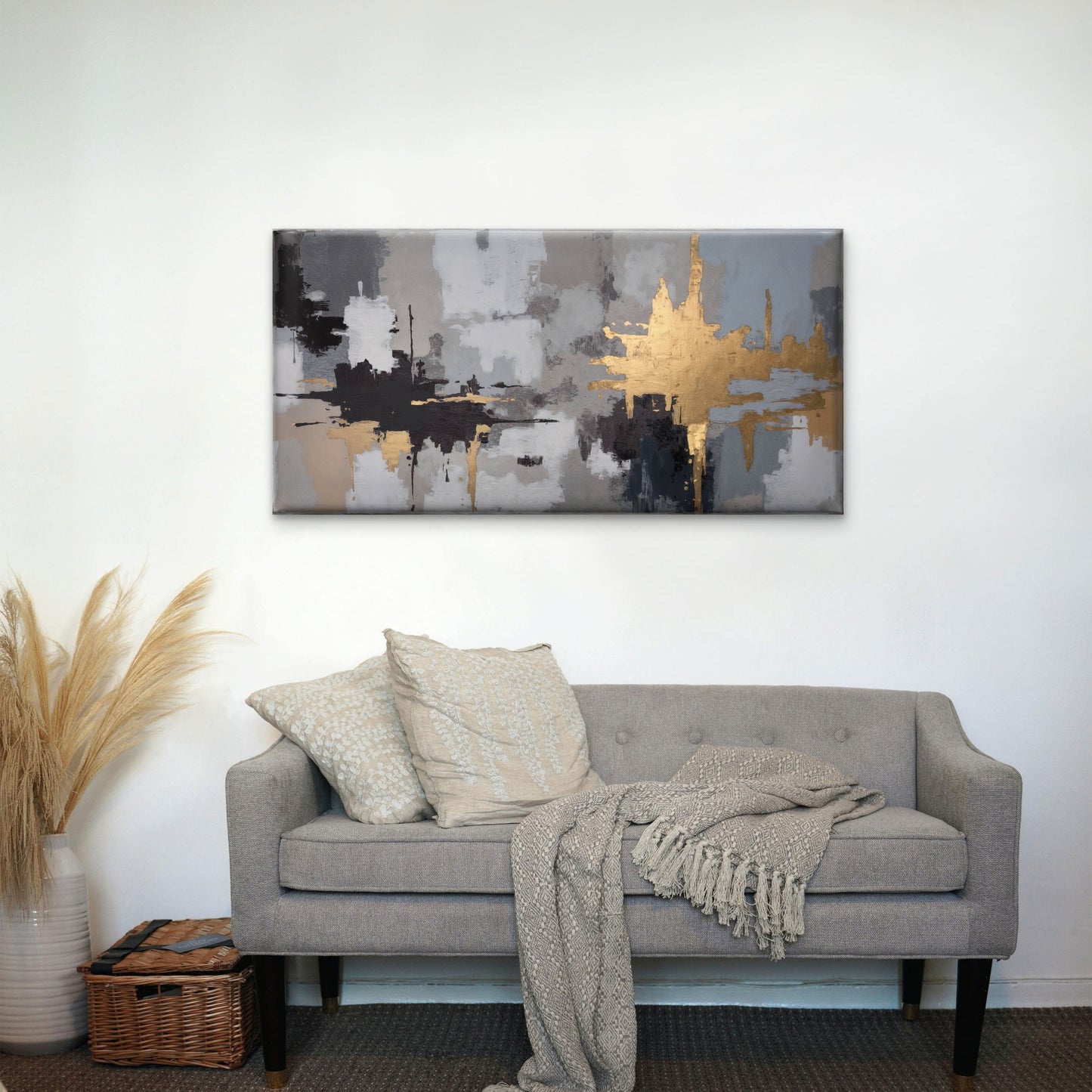 Abstract Black Grey And Gold Brushstrokes Modern Minimalist Wall Art Canvas Office Home Room Framed 120x60cm