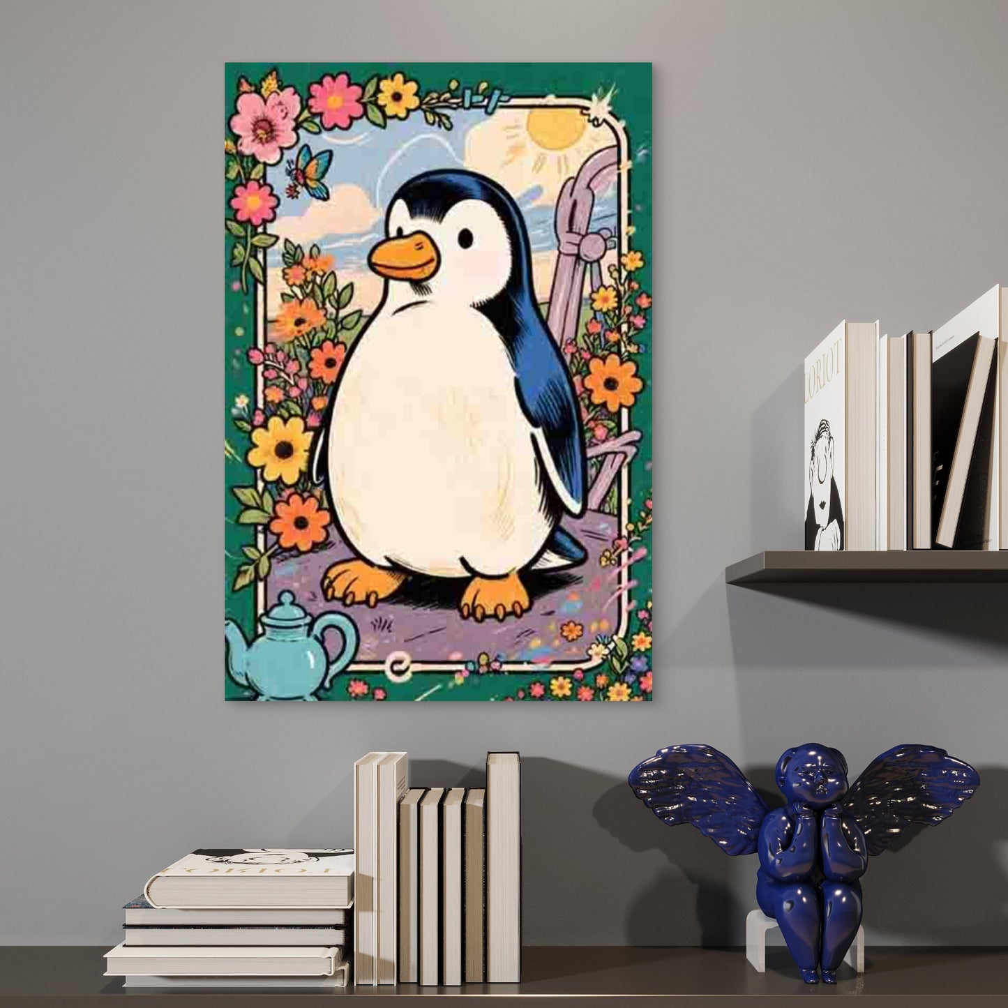 Penguin with Floral Patterns Metal Print Ready to Hang - Bella Home Decor