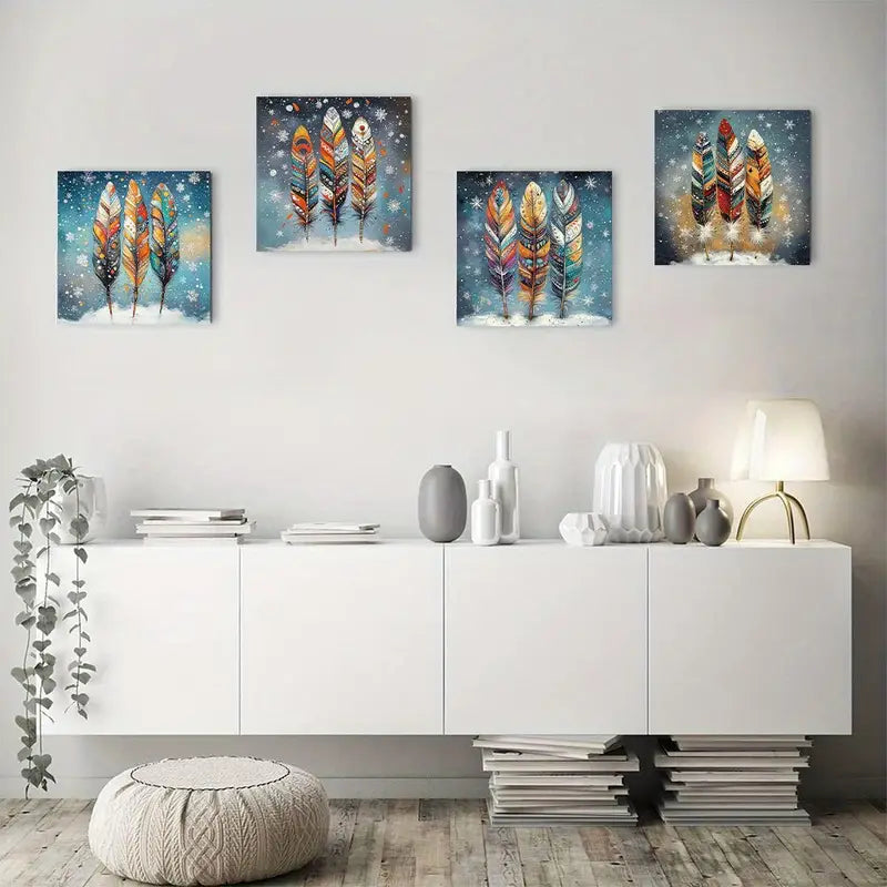 4pcs  Vintage Tribal Feather  ER    Wall Art Canvas Framed