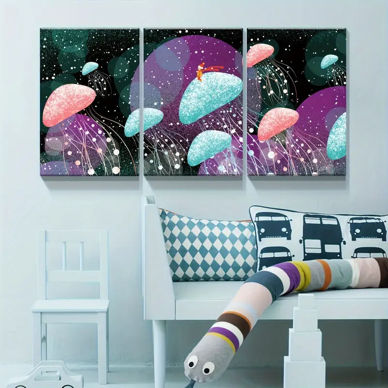 3pcs Glowing Jellyfish Canvas Metal Print Ready to Hang Art - Bella Home Decor