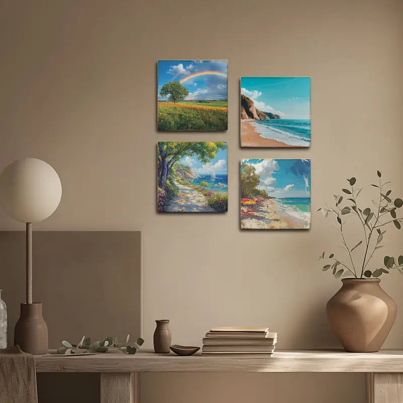 4pcs Rainbow With Beach Side Wall Art Canvas Framed - Bella Home Decor