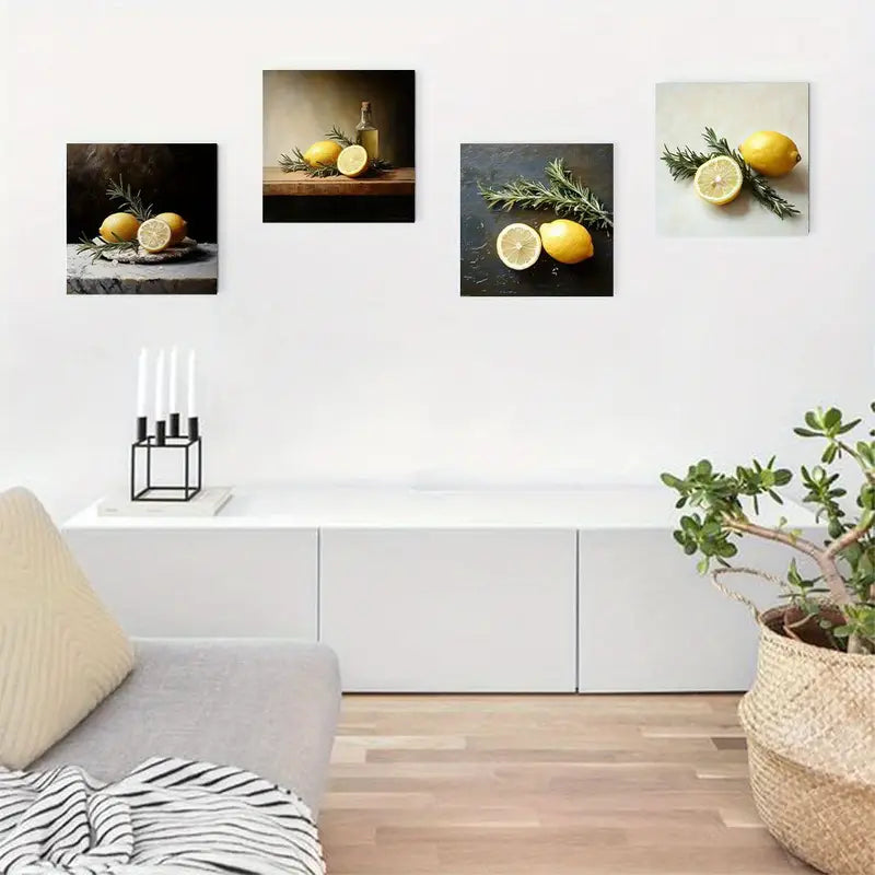 4pcs Vintage Lemon Print Wall Art Canvas Framed