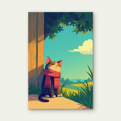 Cozy Cat in Red Scarf Enjoying the Sun 60x90cm Metal Print Ready to Hang