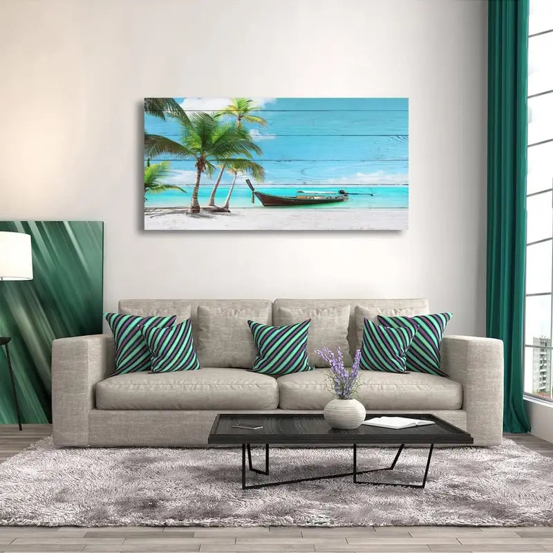 Vibrant Seascape Tropical Coconut Tree Ocean Wall Art canvas office home room framed 120x60cm - Bella Home Decor