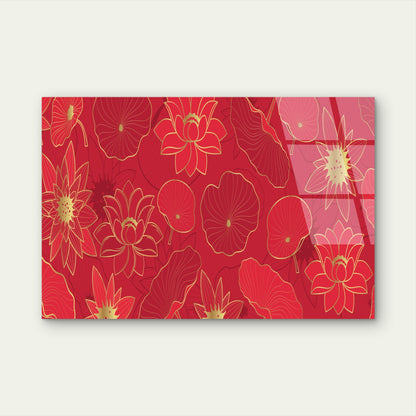 Abstract Red & Gold Lotus Flower Pattern  Acrylic Glass Printing Wall Art Australian Made Quality