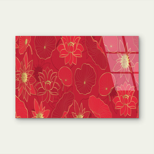 Abstract Red & Gold Lotus Flower Pattern Acrylic Glass Printing Wall Art Australian Made Quality