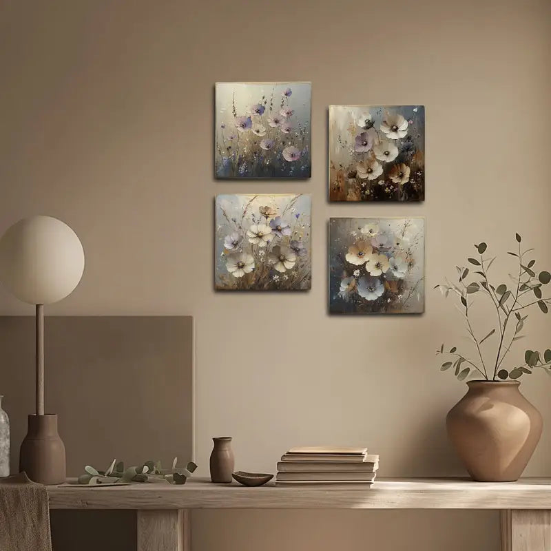 4pcs Vibrant Wildflowers & Butterflies Wall Art Canvas Framed