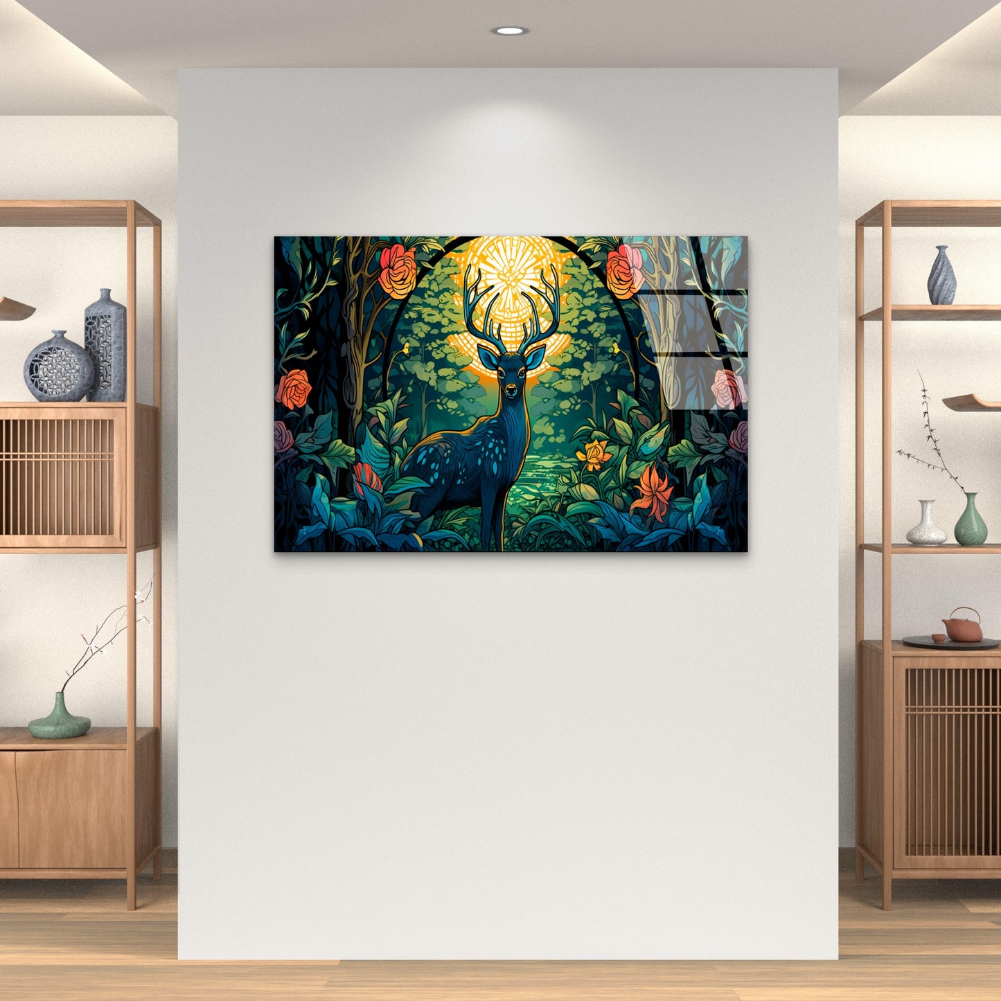 Mystical Stag Deer Forest Rose Acrylic Glass Printing Wall Art Australian Made Quality