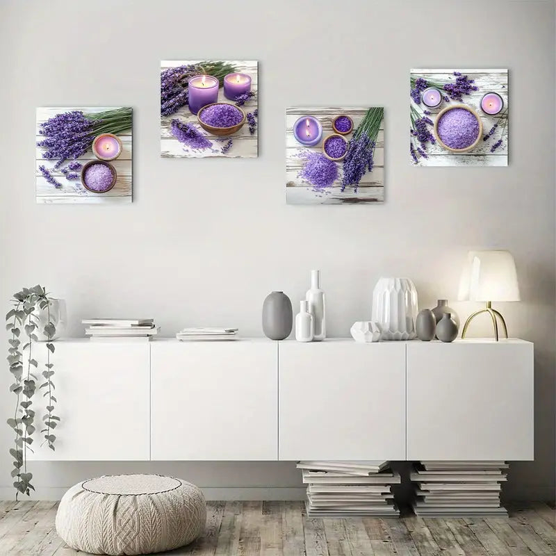 4pcs Rustic Country Lavender Floral Purple Candle Wall Art Canvas Framed