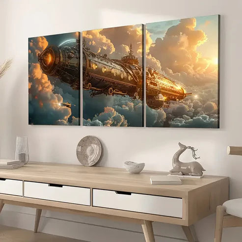 3pcs Steam Mechanical Flying Machine Abstract Art Flying Ship Wall Art Set Canvas Unframed - High Quality Print 100% Australian Made Wall Canvas
