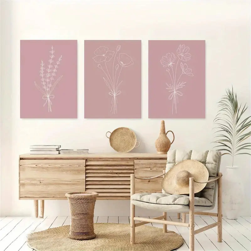 3pcs Pink Floral Elegant Flower Designs Botanical Metal Print Ready to Hang Art