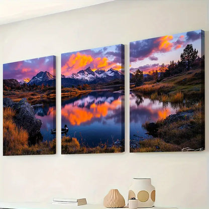 3pcs Mountain Lake Dawn Reflection Wall Art Set Canvas Framed 40x60cm - High Quality Print 100% Australian Made Wall Canvas Ready to Hang