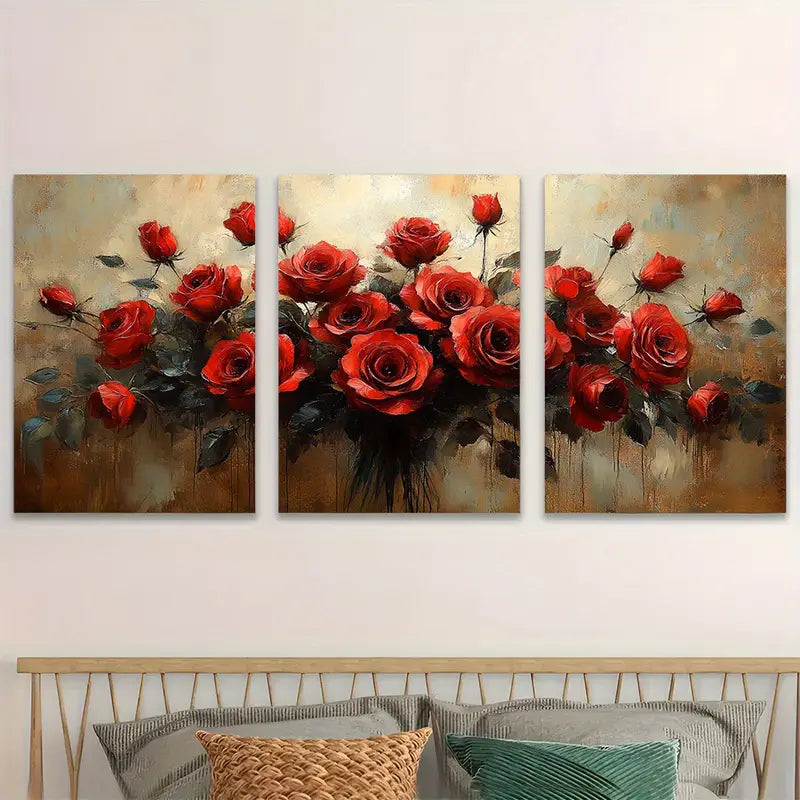 3pcs Red Rose Bouquet Canvas Metal Print Ready to Hang Art