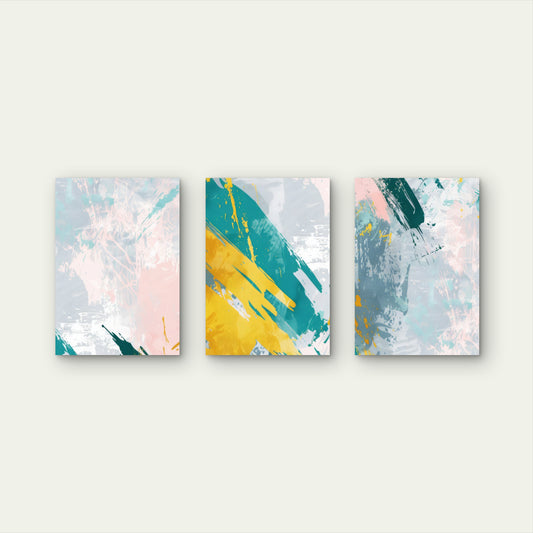 3pcs Teal Pink Yellow Abstract Brush Textured Wall Art Set Canvas Framed 60x90cm - High Quality Print 100% Australian Made Wall Canvas Ready to Hang