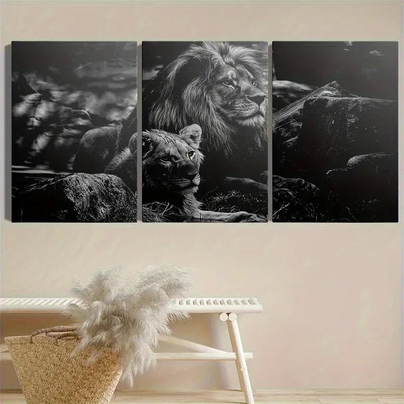3pcs White Lion Painting Style Metal Print Ready to Hang Art