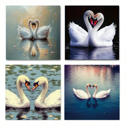 4pcs Elegant Two Swans In Pond Wall Art Canvas Framed