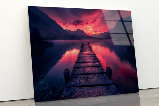 Dock Extending Into a Lake with a Sunset Acrylic Glass Print Tempered Glass Wall Art 100% Made in Australia Ready to Hang