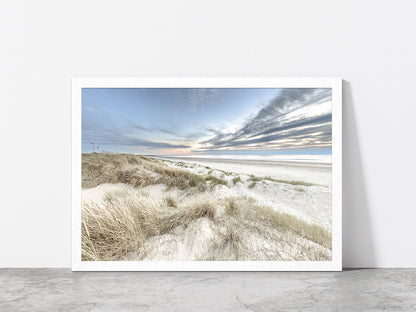 Sand Dunes & Cloudy Blue Sky Photograph Glass Framed Wall Art, Ready to Hang Quality Print Without White Border White