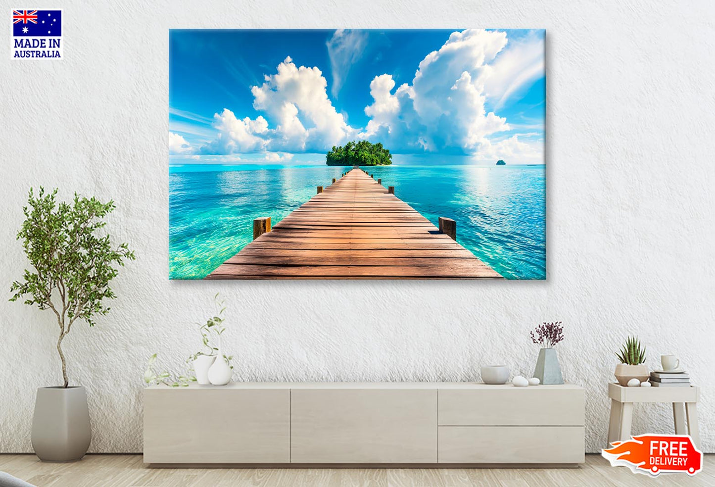 Wooden Pier to An Island in Ocean Wall Art Decor 100% Australian Made