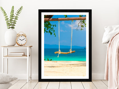 Seaside Swing near Sand Beach Photograph Glass Framed Wall Art, Ready to Hang Quality Print With White Border Black