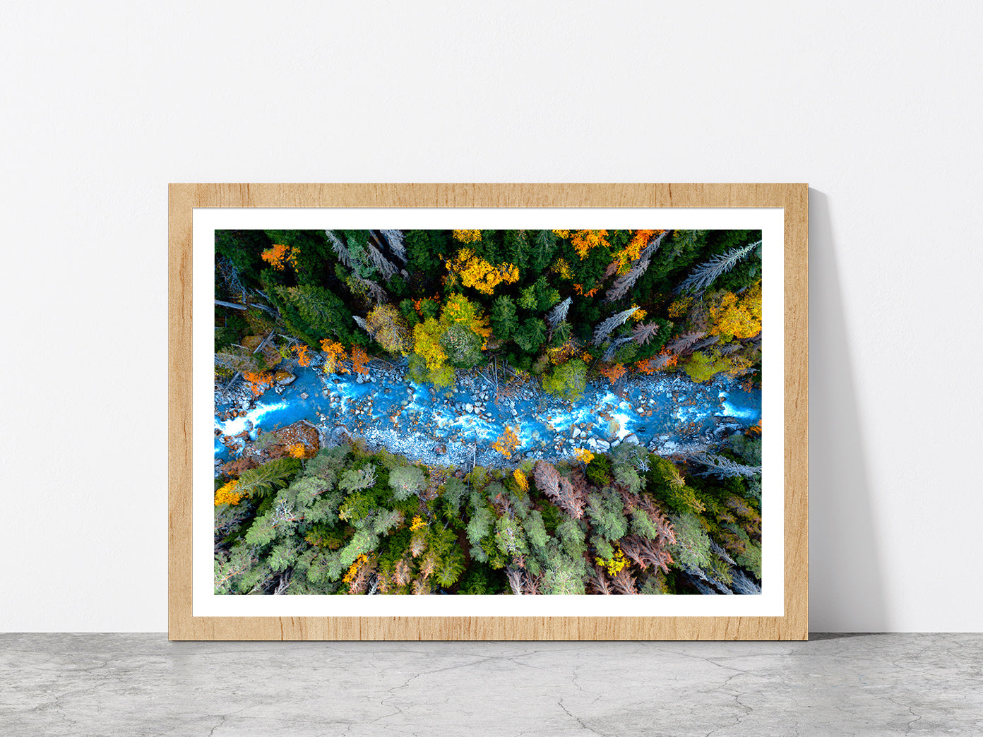 Drone Aerial View Of Forest River Glass Framed Wall Art, Ready to Hang Quality Print With White Border Oak