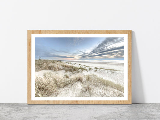 Sand Dunes & Cloudy Blue Sky Photograph Glass Framed Wall Art, Ready to Hang Quality Print With White Border Oak