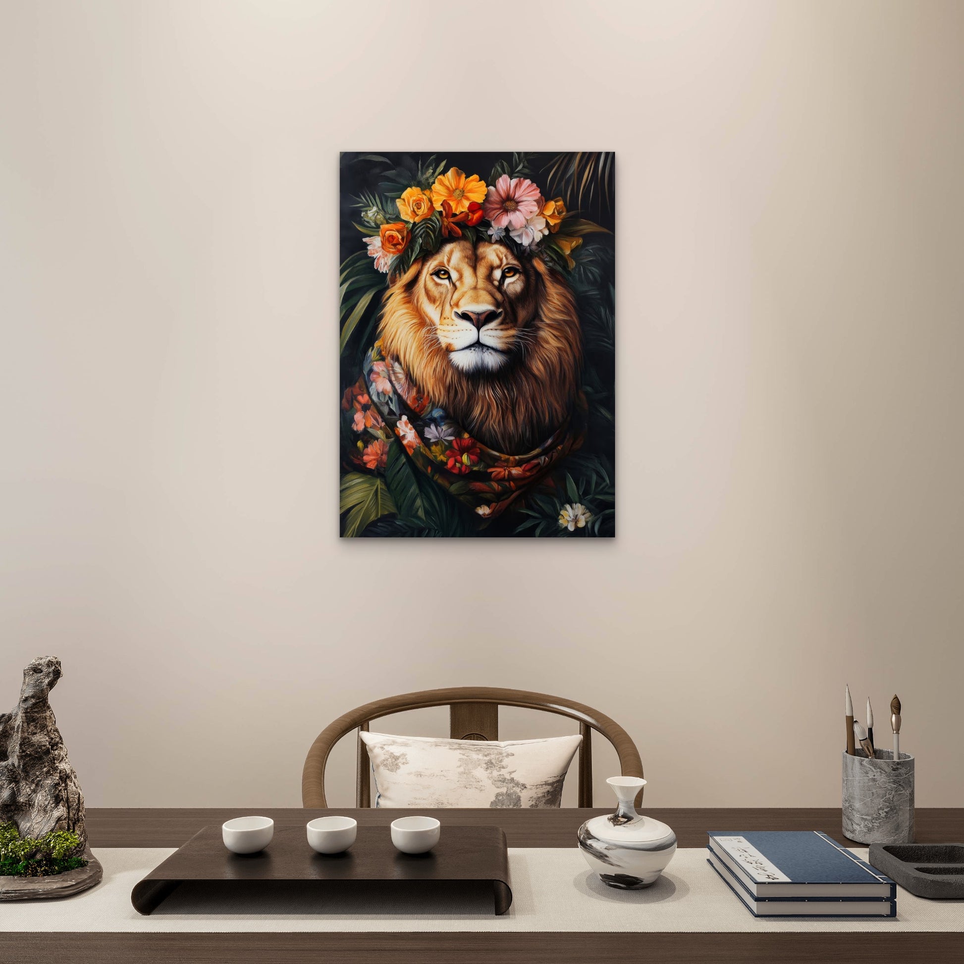 Lion King Floral Crown Orange 60x90cm Metal Print Ready to Hang - Bella Home Decor