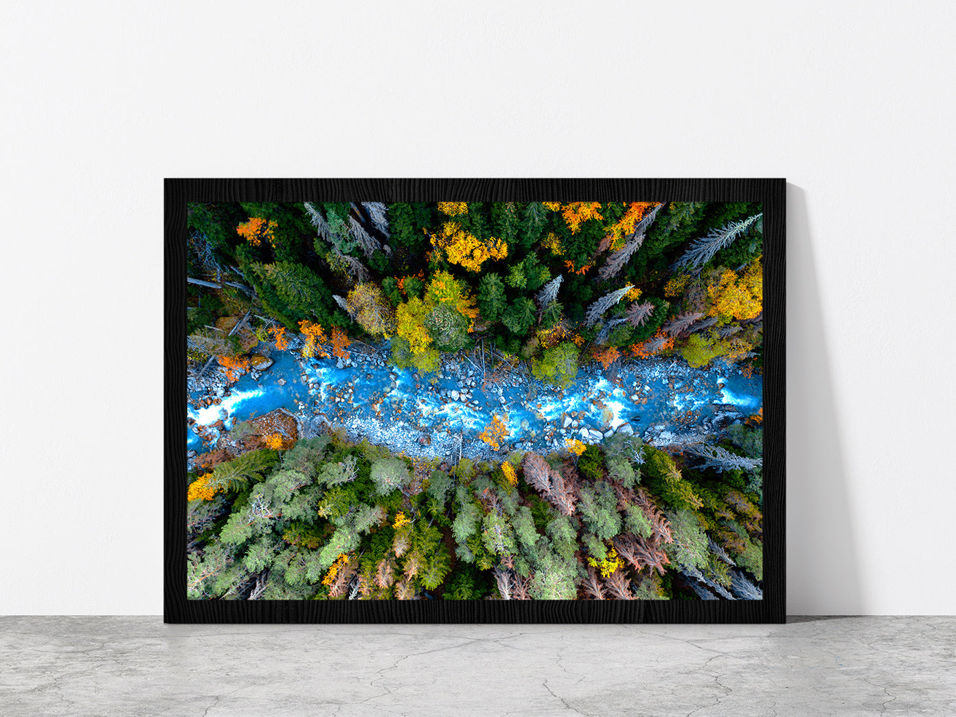 Drone Aerial View Of Forest River Glass Framed Wall Art, Ready to Hang Quality Print Without White Border Black