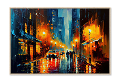 People Walking in City Street Night Oil Painting Wall Art Limited Edition High Quality Print Canvas Box Framed Natural