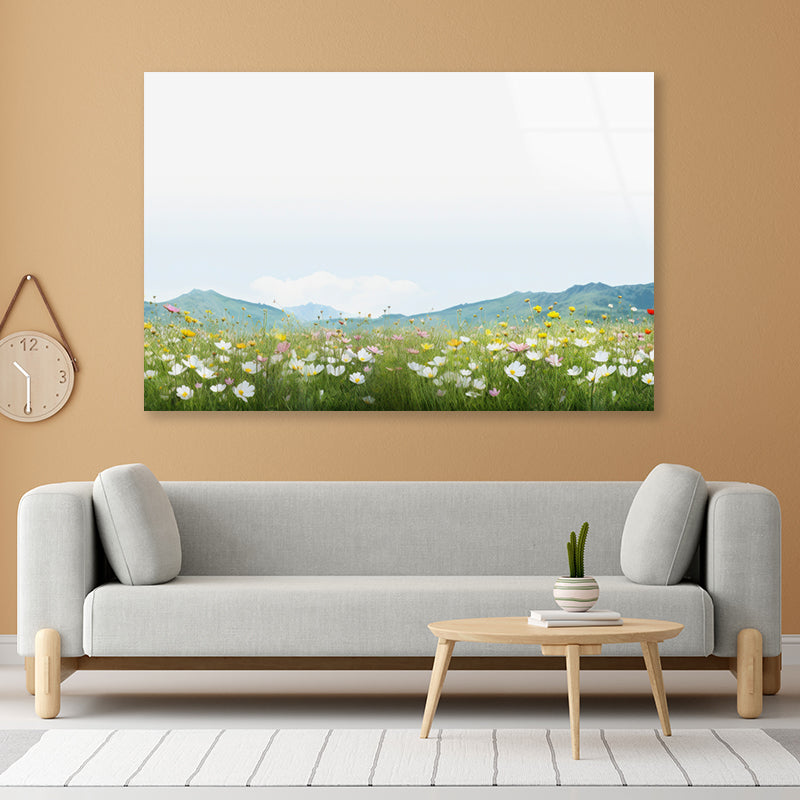 Flower Meadow Grassland with Mountains Acrylic Glass Print Tempered Glass Wall Art 100% Made in Australia Ready to Hang