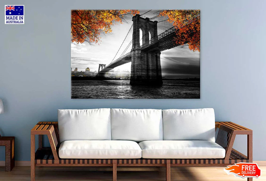 B&W Bridge & Autumn Tree View Photograph 90x60cm Print 100% Australian Made