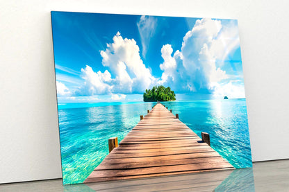 Wooden Pier to An Island in Ocean  Acrylic Glass Print Tempered Glass Wall Art 100% Made in Australia Ready to Hang