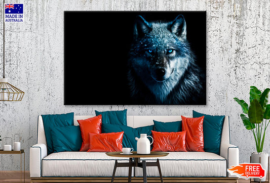 Wolf With Blue Eyes in The Dark Wall Art Decor 100% Australian Made