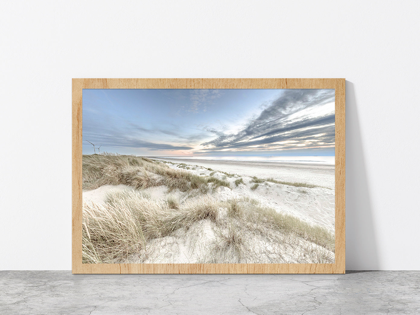 Sand Dunes & Cloudy Blue Sky Photograph Glass Framed Wall Art, Ready to Hang Quality Print Without White Border Oak