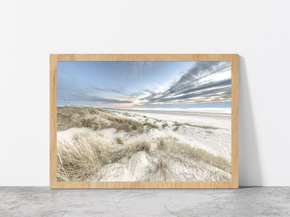 Sand Dunes & Cloudy Blue Sky Photograph Glass Framed Wall Art, Ready to Hang Quality Print Without White Border Oak