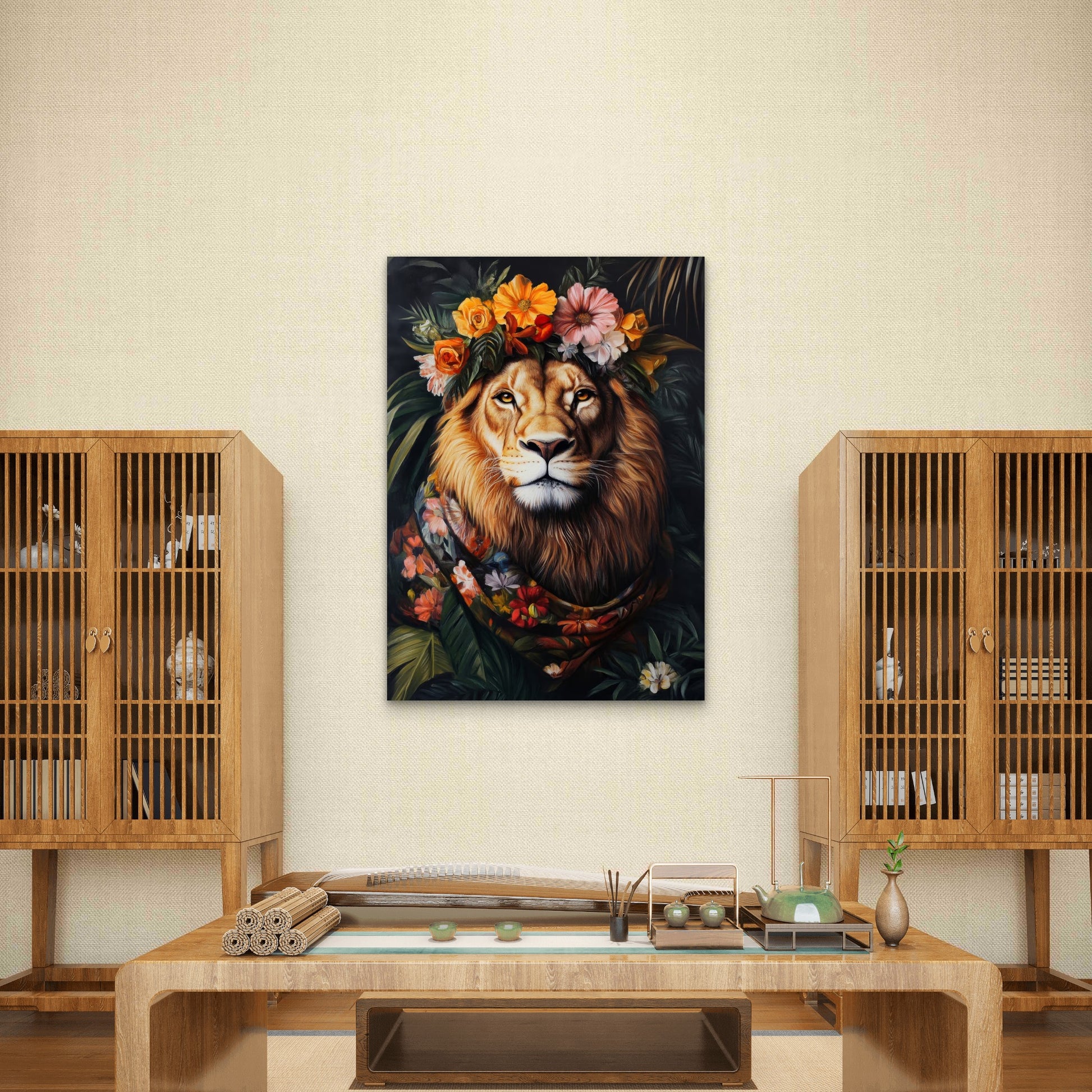 Lion King Floral Crown Orange 60x90cm Metal Print Ready to Hang - Bella Home Decor
