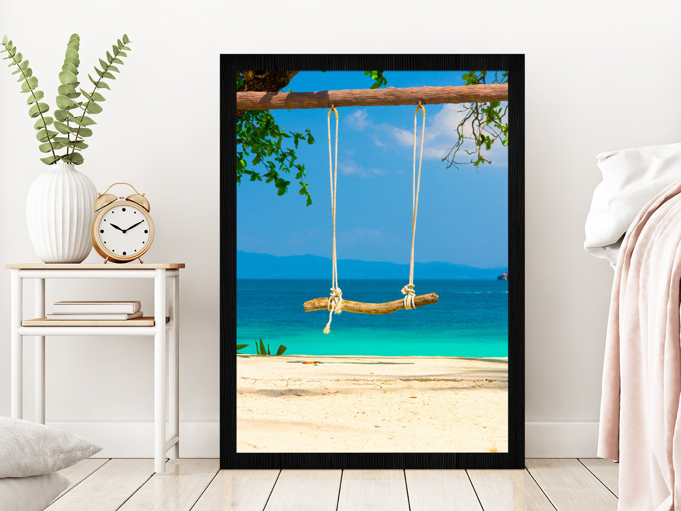 Seaside Swing near Sand Beach Photograph Glass Framed Wall Art, Ready to Hang Quality Print Without White Border Black