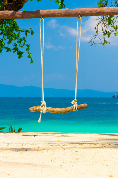 Seaside Swing near Sand Beach Photograph Glass Framed Wall Art, Ready to Hang Quality Print