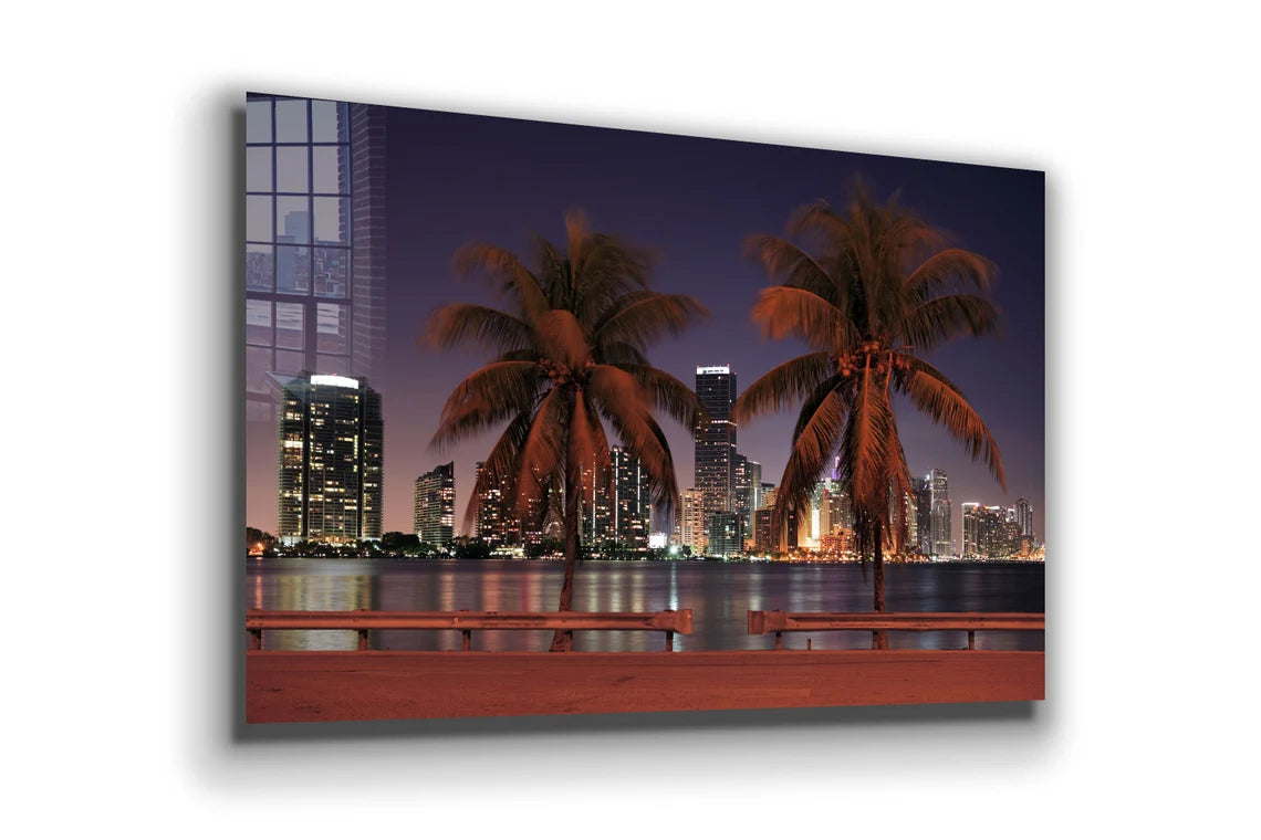 Night Cityscape Palms UV Direct Aluminum Print Australian Made Quality