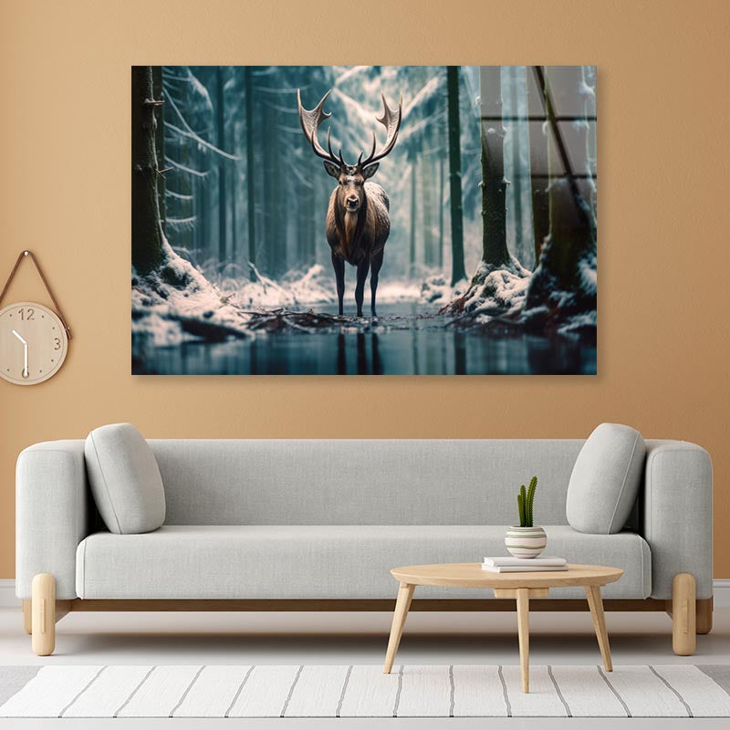 Moose In the Snow Forest  Acrylic Glass Print Tempered Glass Wall Art 100% Made in Australia Ready to Hang - Bella Home Decor