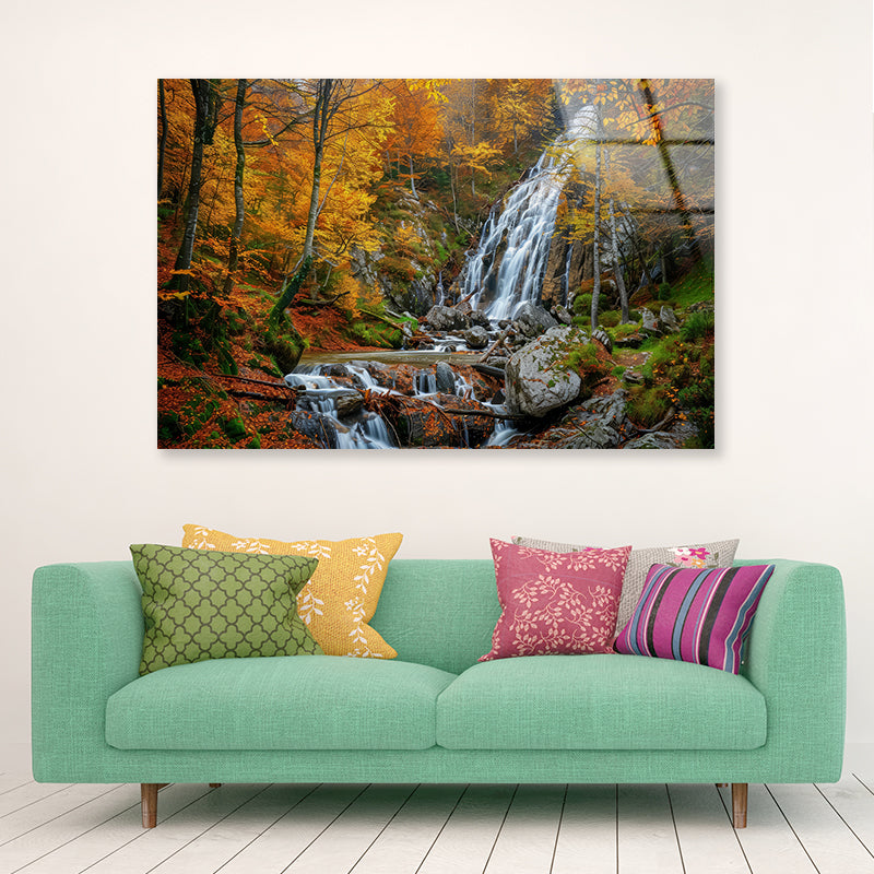 Waterfall in a Forest with Trees Acrylic Glass Print Tempered Glass Wall Art 100% Made in Australia Ready to Hang - Bella Home Decor