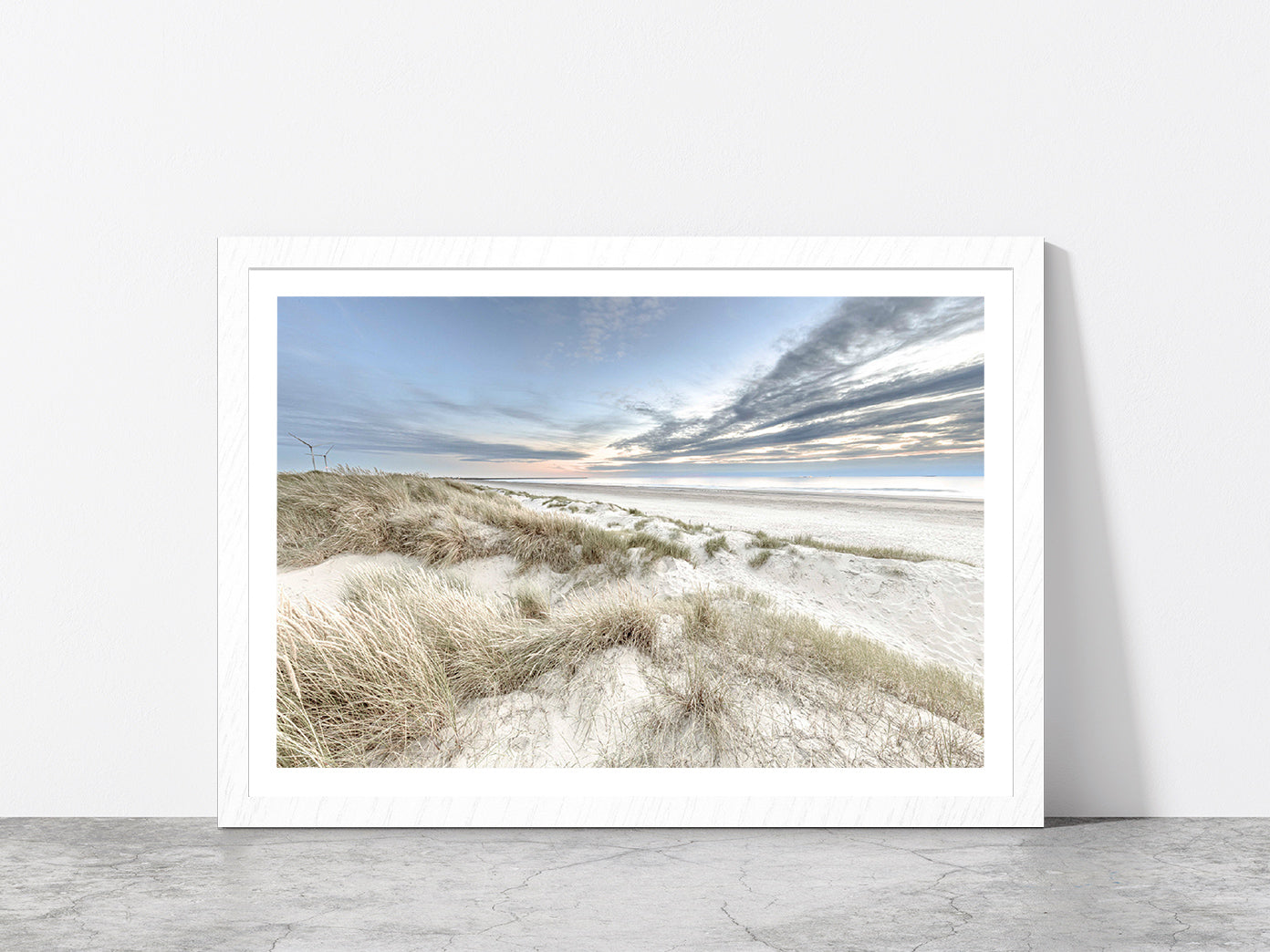 Sand Dunes & Cloudy Blue Sky Photograph Glass Framed Wall Art, Ready to Hang Quality Print With White Border White