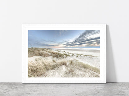 Sand Dunes & Cloudy Blue Sky Photograph Glass Framed Wall Art, Ready to Hang Quality Print With White Border White